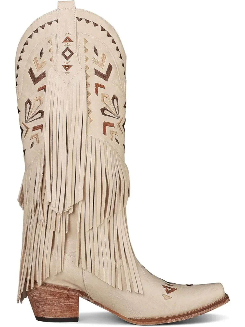 Women's Beige Cowgirl Knee High Fringe Boots Rubber Fleece Microfiber